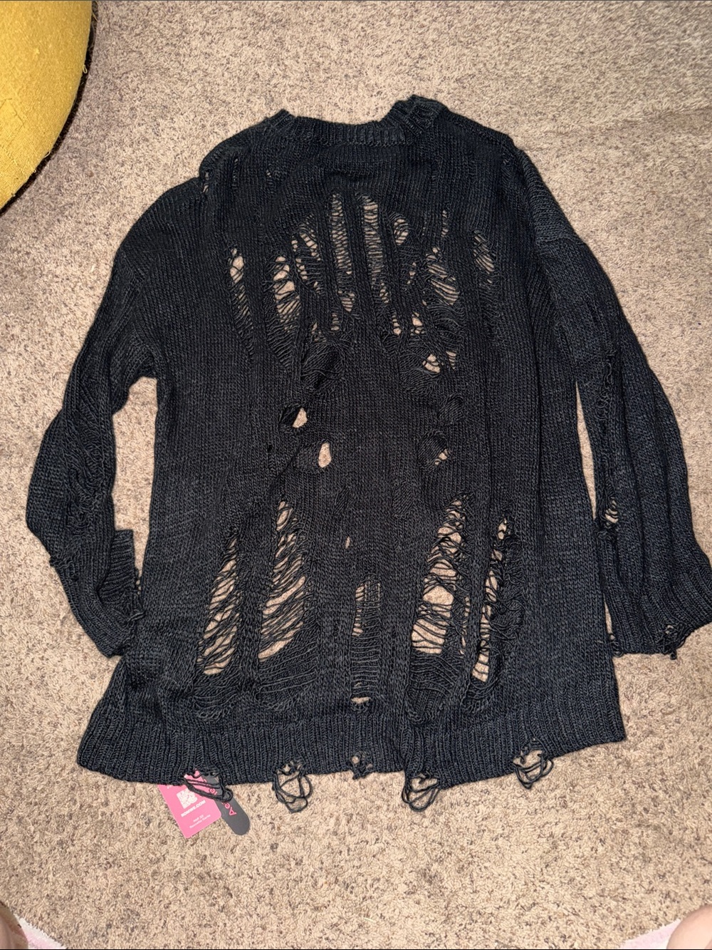 ROMWE Black Distressed Open-Weave Crewneck Sweater